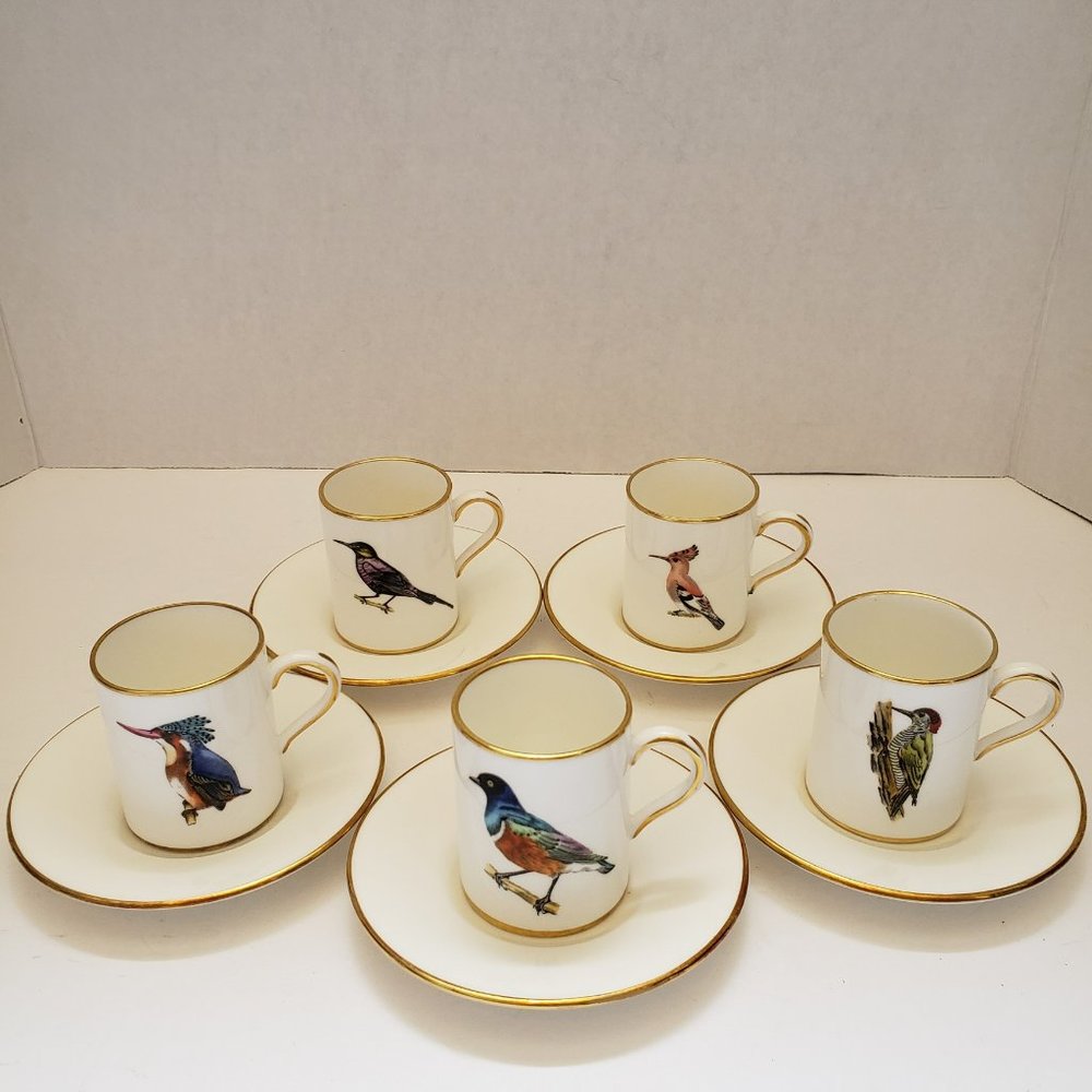 Set of 5 Vintage Hammersley & Co Bone China Bird Demitasse Cup and Saucer
